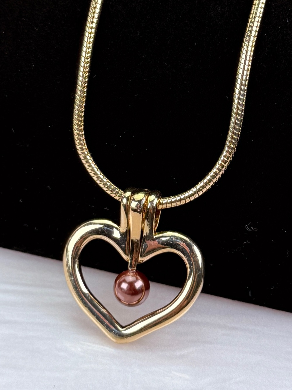 Goldtone Open Heart Pendant Necklace w/ Mauve Faux Pearl Snake Chain